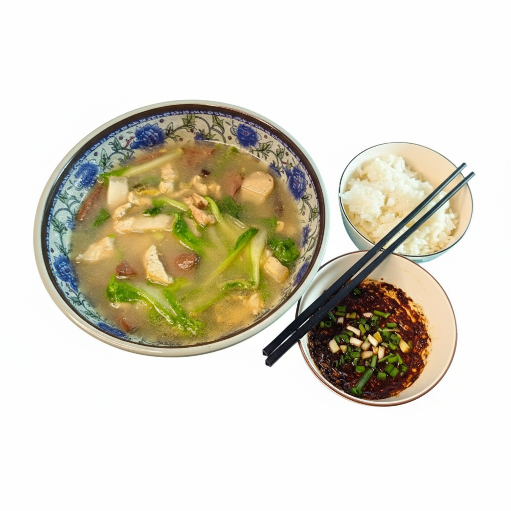 杀猪饭套饭, 有：杀猪菜，辣椒水，米饭